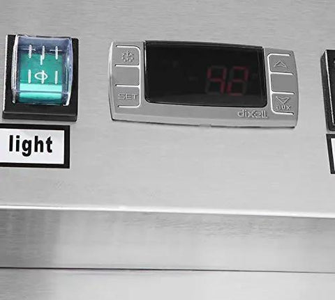 Digital control panel for White Three Door Upright Freezer With Clear Glass Panels and Straight Up Solid Cooling, displaying 98°F.