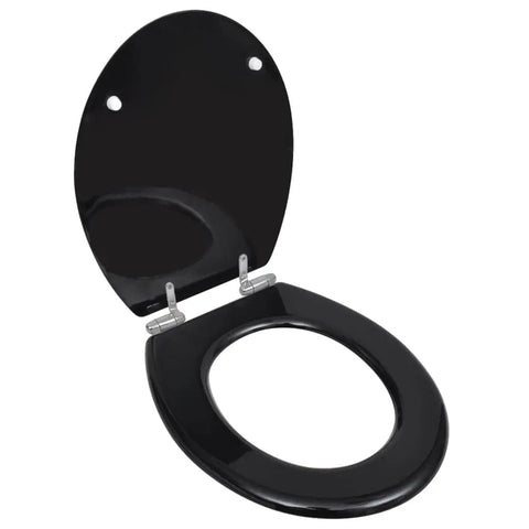 Top Tier Soft Close Toilet Seat Drop Down Lid In Sleek Matte Black Sturdy Mdf Panel Zero Slam Motion shown open from the side.