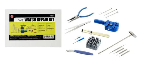 16 Piece Watch Repair Toolkit With Pin Remover Pliers Screwdrivers Case Opener Tweezers Hammer Pin Punches Belt Block And More