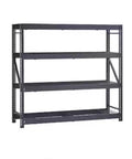 Heavy Duty Steel Shelving Unit with Badass Strength and Four Wire Shelves Features Industrial Grade Construction and Adjustable Levels for Garage Warehouse Storage 77X24X72 Inches, black metal rack with four shelves.