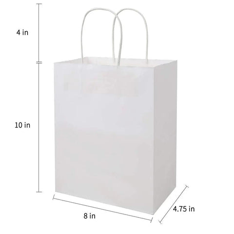 Medium White Kraft Paper Gift Bags With Handles 8x4.75x10 Inches Bulk Pack Of 50 For Takeout Grocery Shopping Retail Parties Weddings And Craft Favors, side view