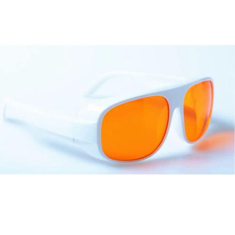 Premium Od5 Plus Laser Safety Glasses Featuring Snug Fit Frames Blocking Violet Blue And Green Beams From 266Nm Up To 540Nm CE EN207 Certified Work Ready Protective Goggles with orange tinted lenses.