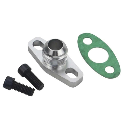 Ultimate Universal Oil Drain Return Kit With Tough Steel Fittings, Gasket And Washer For GT T Series Models To Fix Leaks And Supercharge Engine Performance Fast. Steel drain return kit with gasket and bolts on white background.