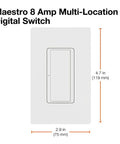 Maestro 8A Digital Light Switch For Single Pole And Multi Location, White Finish, front view with dimensions labeled