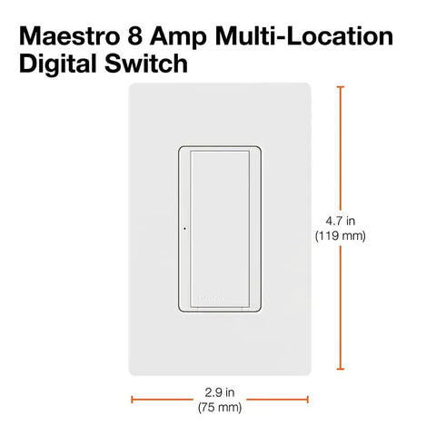 Maestro 8A Digital Light Switch For Single Pole And Multi Location, White Finish, front view with dimensions labeled