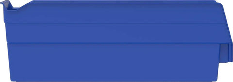 Side view of a blue Built Tough Plastic Shelf Bin 12 inch by 3 inch by 4 inch for garage storage, part of a 24 pack versatile set.