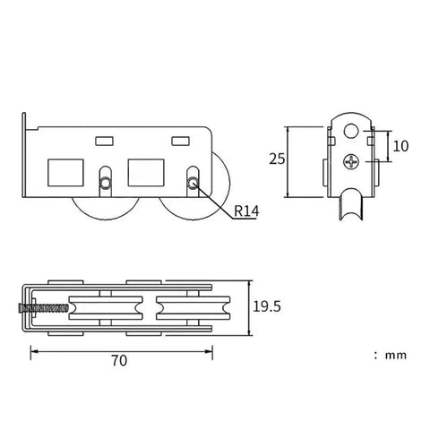4 Piece Stainless Steel Sliding Door Rollers With Double Bearings And Brass Track Wheels For Patio Windows technical drawing dimensions.