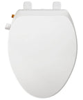 Elongated Bidet Toilet Seat With Adjustable Water Pressure Self Cleaning Nozzles Slow Close Lid top view showing solid white ABS material.