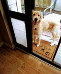 Golden retriever standing by Premium Dual Pane Sliding Door Pet Door With Heavy Duty Insulated Thermo Panel And Oversized Flex Flap.
