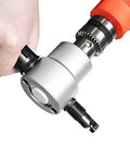 Hand using Double Head Sheet Metal Nibbler Cutter Drill Attachment for straight and curved cuts in metal sheets with ergonomic handle.