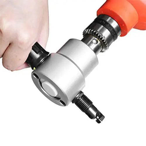 Hand using Double Head Sheet Metal Nibbler Cutter Drill Attachment for straight and curved cuts in metal sheets with ergonomic handle.