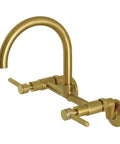 8 Inch Adjustable Center Wall Mount Kitchen Faucet With Solid Brass Construction Drip Free Ceramic Disc Cartridge Brushed Nickel Finish For A Boss Look Easy Install Smooth Flow At 60 Psi, showing side angle with gold finish