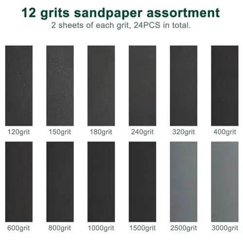 Variety of 12 grits from 120 to 3000 in 24 Piece Sandpaper Set With 12 Grits From 120 To 3000 Wet Dry Silicon Carbide Sheets display