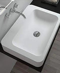 Slick Rectangular Bathroom Vessel Sink Crafted From Heavy Duty Artificial Stone Table Top Basins Featuring Thick Edges That Hold Up Over Years. Durable white countertop washbasin.