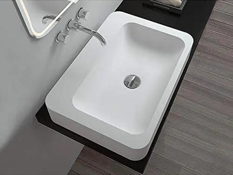 Slick Rectangular Bathroom Vessel Sink Crafted From Heavy Duty Artificial Stone Table Top Basins Featuring Thick Edges That Hold Up Over Years. Durable white countertop washbasin.