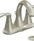 Eva Two-Handle High Arc Bathroom Faucet in Brushed Nickel, dual levers, 4-inch centerset, smooth finish, and drain cover shown