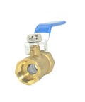 Rock Solid Brass Ball Valve With Blue Lever Handle Designed For Lightning Fast Quarter Turn Plumbing Flow Control And A Tough As Nails Corrosion Resistant Female Thread Setup, side view showcasing brass body and blue lever.