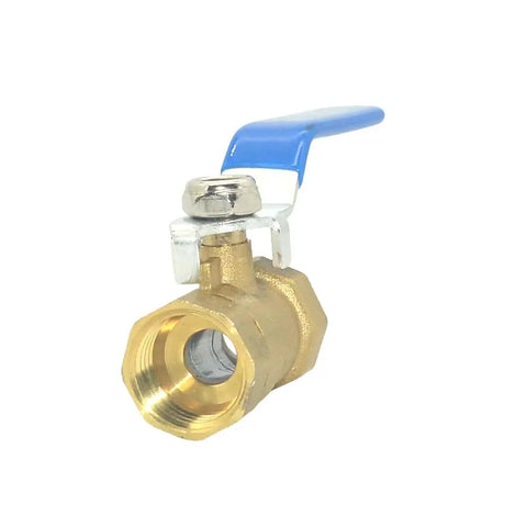 Rock Solid Brass Ball Valve With Blue Lever Handle Designed For Lightning Fast Quarter Turn Plumbing Flow Control And A Tough As Nails Corrosion Resistant Female Thread Setup, side view showcasing brass body and blue lever.