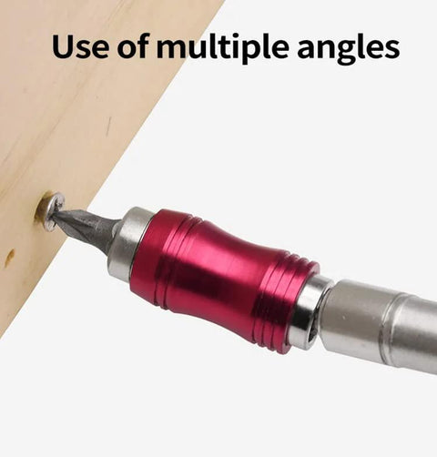 Pivoting magnetic bit tip holder, red aluminum, 1/4” shank mounted on a drill bit