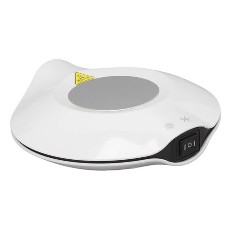 Keep Your Sips Lit Or Icy Cold Usb Powered Mug Warmer Chiller Pad Dual Temp Control white device with on-off switch on side.