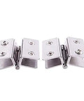 Pair Of Heavy Duty Silver Stainless Steel Shower Door Hinges Featuring Adjustable Double Clamp Brackets That Grip Tight And Fit 5 To 8 Millimeter Glass Panels Like A Glove, displayed from a side angle.