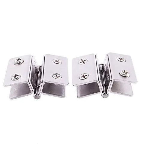 Pair Of Heavy Duty Silver Stainless Steel Shower Door Hinges Featuring Adjustable Double Clamp Brackets That Grip Tight And Fit 5 To 8 Millimeter Glass Panels Like A Glove, displayed from a side angle.