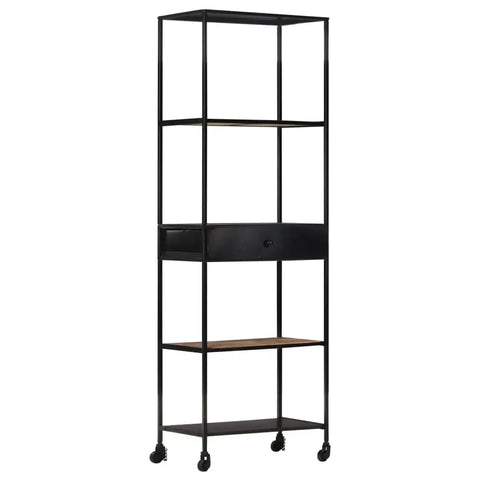 Rough Mango Wood Book Cabinet With Four Shelves And One Drawer Beefy Industrial Iron Frame Built Tough Tropical Hardwood Storage