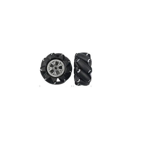 Front and side views of two black high-hardness plastic Mecanum omni wheels with silver hubs for DIY robot car