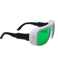Heavy Duty Killer Red Laser Protective Glasses With OD6 Plus Optical Density For 620 To 700Nm Wavelengths And Ruby Laser Use clear safety glasses with green lenses and sturdy black frames.