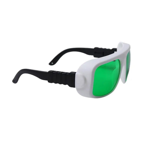 Heavy Duty Killer Red Laser Protective Glasses With OD6 Plus Optical Density For 620 To 700Nm Wavelengths And Ruby Laser Use clear safety glasses with green lenses and sturdy black frames.