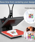 Heat press machine with T-shirt, using 9 Piece T Shirt Alignment Ruler Set For Easy Centering Of Vinyl Designs On Heat Presses Includes Four Size PVC R