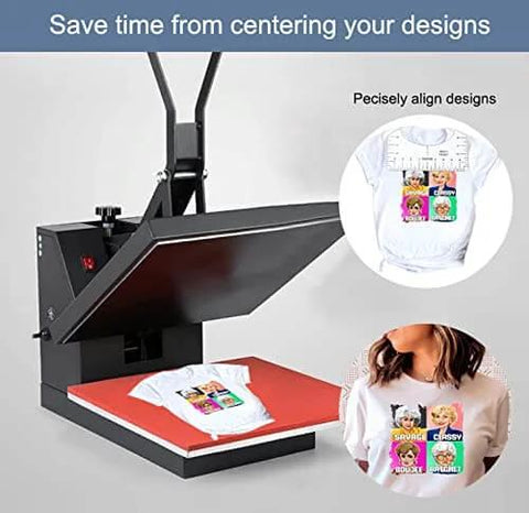 Heat press machine with T-shirt, using 9 Piece T Shirt Alignment Ruler Set For Easy Centering Of Vinyl Designs On Heat Presses Includes Four Size PVC R