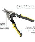Amazon Basics straight cut aviation snip, side view with black-yellow ergonomic handles and safety latch