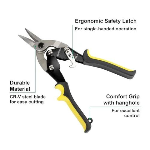Amazon Basics straight cut aviation snip, side view with black-yellow ergonomic handles and safety latch
