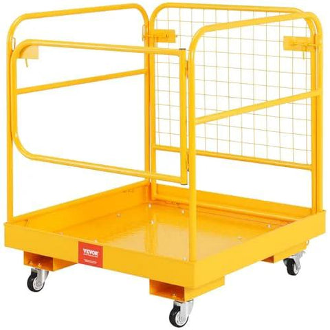 VEVOR forklift safety cage work platform, yellow steel, 36x36 in, 1200 lb capacity, 4 wheels