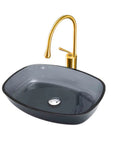 USZWBY Bathroom Vessel Sink, 16 Inch Tempered Glass Gray Wash Basin Bowl with Gold Faucet, Counter Top Installation.