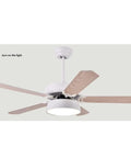Modern Ceiling Fan With Built In LED Light Kit And Handy Remote Control Offers Three Adjustable Color Settings Perfect For Bedroom Kitchen Living Area While Solid Wood Blades Provide Serious Summer Chill Vibes Throughout Your Home. Image shows a white modern ceiling fan with wood blades and LED light.