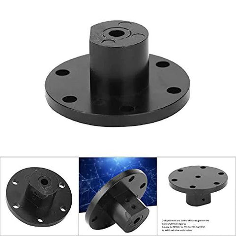Flange coupling for motor shaft with 6 mm bore; black metal flange with six mounting holes (front view).