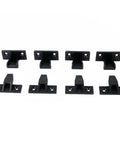 Heavy Duty Push In Fittings Package 4 Pack For Kitchen Panels Cabinet Trims Wall Cladding Clips in black plastic, six clips arranged.