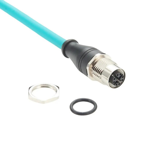 M12 X Code To RJ45 Bulkhead Panel Mount Ethernet Cable CAT6A Beefy Shielded High Flex For Industrial Vision And GigE Vision Cameras, Machine Vision, PoE Sensors, PLCs And Robotics, IP67 Protected, 0.3m Length, angled connector with nut and O-ring