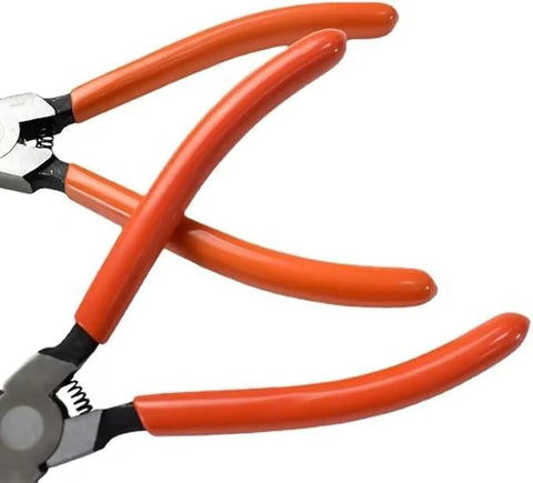 Close-up of Extra Long 7 Inch Built Tough Heavy Duty Retaining Ring Pliers For External Circlips with orange handles.
