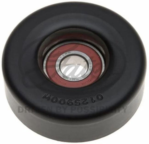 DriveAlign belt drive idler pulley, automotive part, Amazon brand, front view with black pulley and red bearing hub.