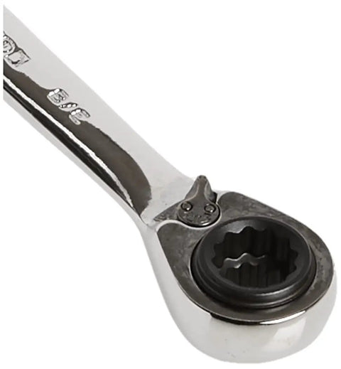 Close-up of QuadBox 12 Point Reversible Ratcheting Wrench Set showing flare nut head design with 5/16 x 3/8 size