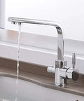 Ch Kitchen Faucet with 360° SwivelDual Handle Drinking Water Filter TapDeck Mounted Mixer with Aerator3-Way Design for Clean Water - LWX, chrome finish, water flowing from spout, modern kitchen design.