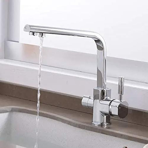Ch Kitchen Faucet with 360° SwivelDual Handle Drinking Water Filter TapDeck Mounted Mixer with Aerator3-Way Design for Clean Water - LWX, chrome finish, water flowing from spout, modern kitchen design.