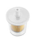 Top view of Three Eighth Inch Universal Inline Fuel Filter Kit for Gas Lines with transparent shell and durable construction.