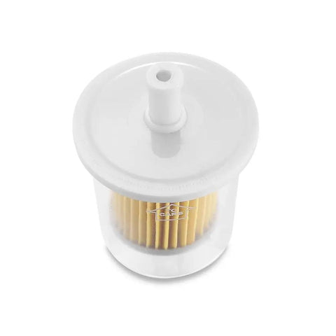 Top view of Three Eighth Inch Universal Inline Fuel Filter Kit for Gas Lines with transparent shell and durable construction.