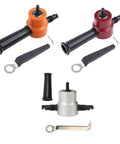 Double Head Metal Nibbler Cutter Saw Attachment For Drill Pro Grade in red, orange, and silver with accessories for sheet metal cutting.