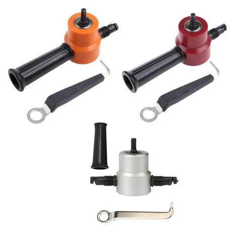 Double Head Metal Nibbler Cutter Saw Attachment For Drill Pro Grade in red, orange, and silver with accessories for sheet metal cutting.