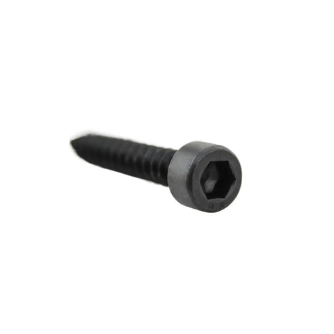 Close-up of a single DIN912 hex socket head cap screw, self-tapping, carbon steel with black oxide finish, 16mm length.